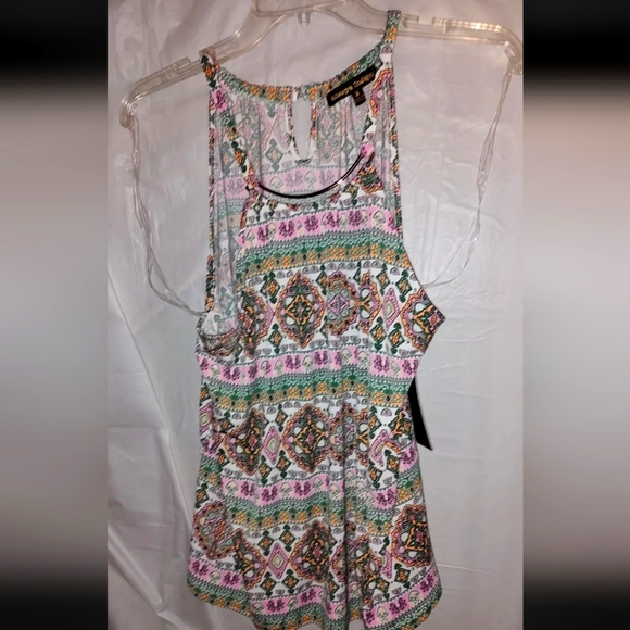 Always Indigo Sleeveless Print Top 1X NWT Built-in Gold Tone Pendant Multicolor - Picture 1 of 11